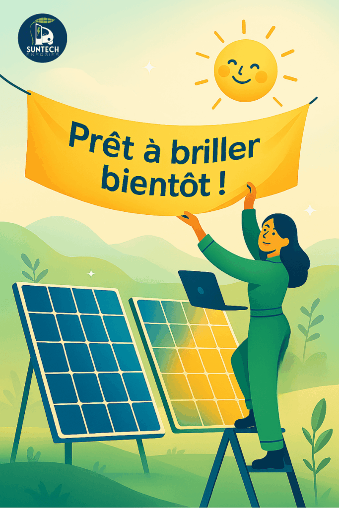 Illustration d’une technicienne solaire tenant une banderole “Prêt à briller bientôt !” devant des panneaux photovoltaïques, symbole d’une page en construction Suntech Énergies.