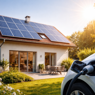 Maison individuelle équipée de panneaux photovoltaïques produisant de l’électricité en autoconsommation solaire