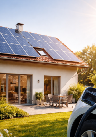 Maison individuelle équipée de panneaux photovoltaïques produisant de l’électricité en autoconsommation solaire