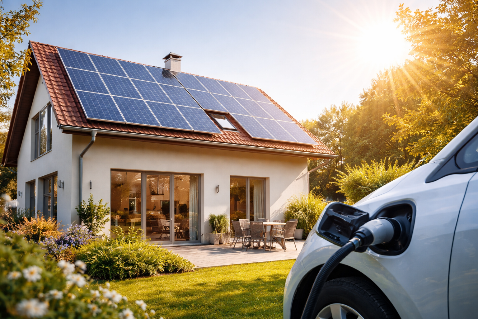 Maison individuelle équipée de panneaux photovoltaïques produisant de l’électricité en autoconsommation solaire