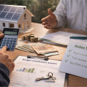 Simulation de budget pour une installation solaire avec calculatrice, documents, euros et maison miniature équipée de panneaux photovoltaïques.