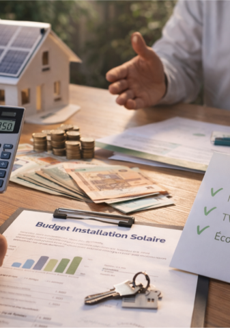Simulation de budget pour une installation solaire avec calculatrice, documents, euros et maison miniature équipée de panneaux photovoltaïques.