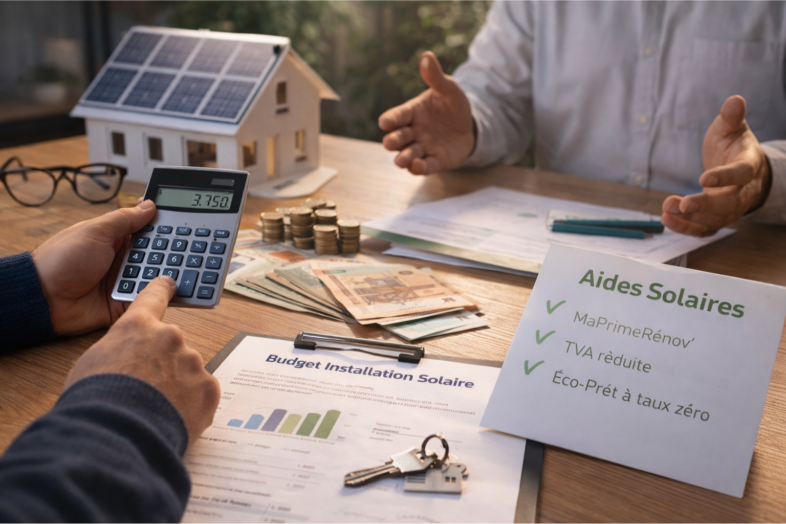 Simulation de budget pour une installation solaire avec calculatrice, documents, euros et maison miniature équipée de panneaux photovoltaïques.