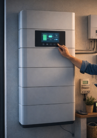 Système de batterie solaire domestique permettant de stocker l’électricité photovoltaïque pour l’utiliser la nuit dans une maison équipée de panneaux solaires.